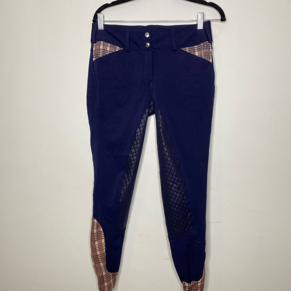 Bakers Navy Blue Riding Breeches with Brown Plaid Accents